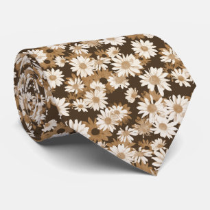 白デイジーの茶色の花のパターン ネクタイ