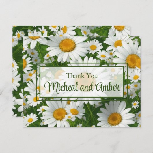 白デイジーエレガント白フローラ野緑 サンキューカード (正面/裏面)