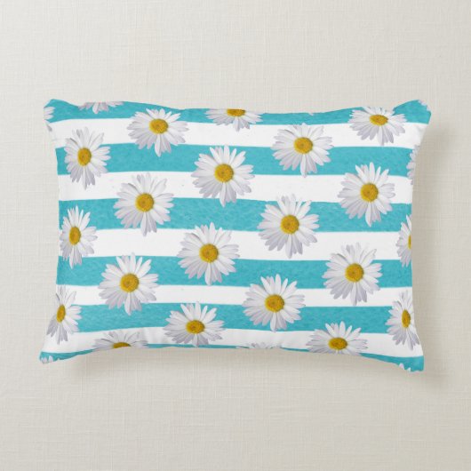 白デイジーオンアクアブルー水彩ストライプ色 アクセントクッション (裏面)