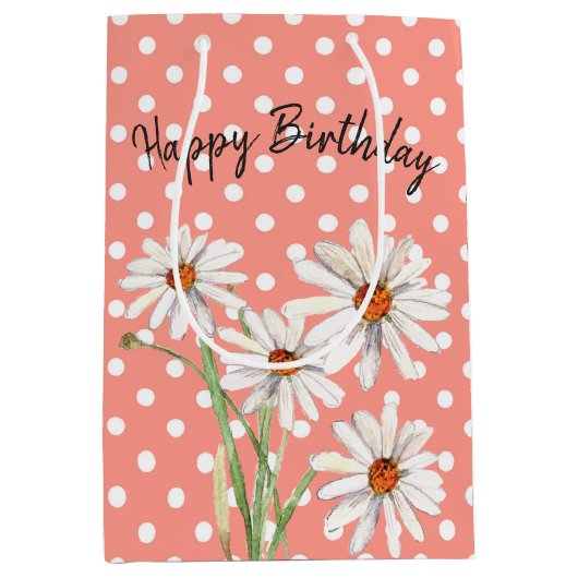 白デイジーオン水玉模様 ミディアムペーパーバッグ (正面)