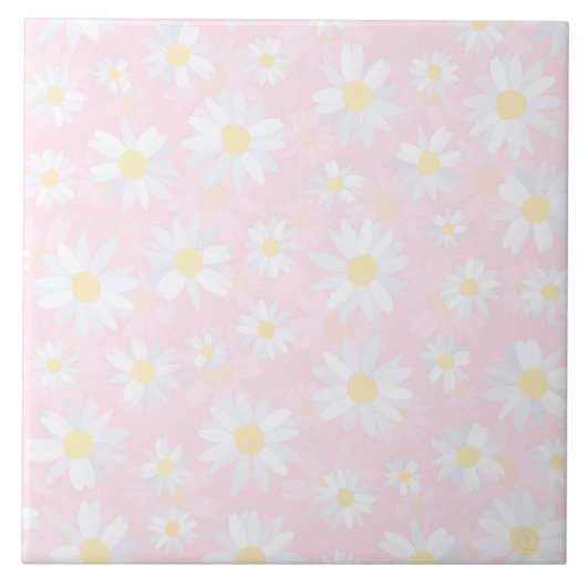 白デイジー花ピンクフローラ タイル (正面)