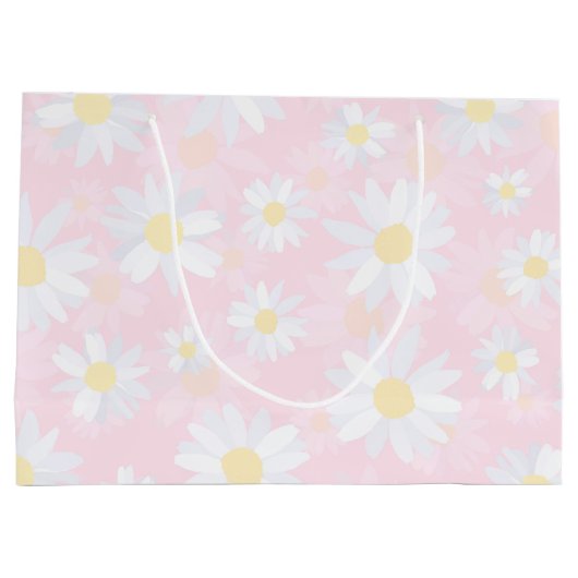 白デイジー花ピンクフローラ ラージペーパーバッグ (裏面)