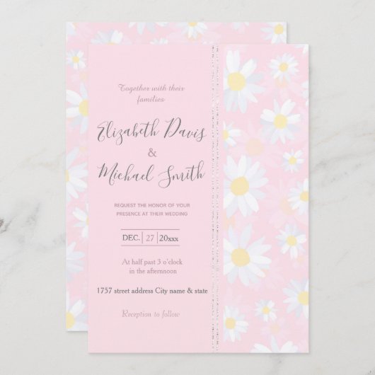 白デイジー花ピンクフローラ 招待状 (正面/裏面)