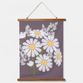 白デイジー花花花花束onダークパープル 吊り下げ型タペストリー (正面)