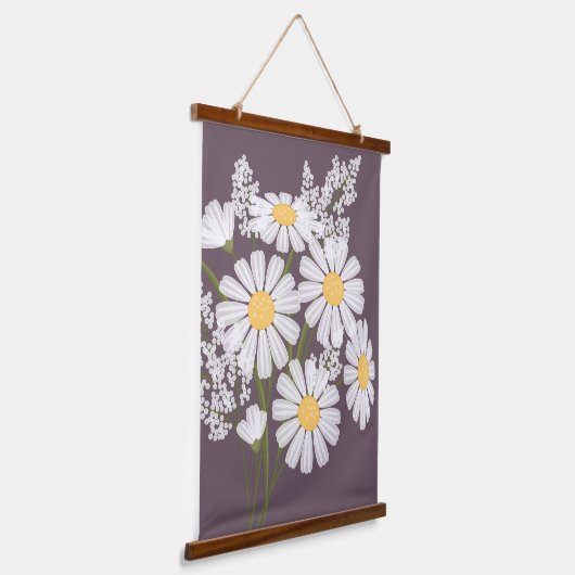 白デイジー花花花花束onダークパープル 吊り下げ型タペストリー (傾斜あり)