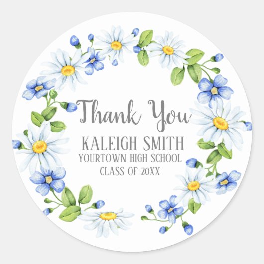 白デイジー青い花の卒業 ラウンドシール (正面)