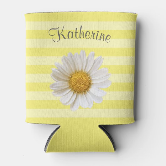 白デイジー黄ストライプのパーソナライズされた 缶クーラー (正面)