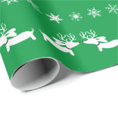 白トナカイのダシュントと雪の結晶を緑 ラッピングペーパー (ロールコーナー)