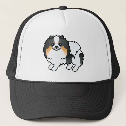 白トライカラーポメラニアン 犬のイラストデザイン キャップ (正面)
