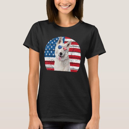 白ドイツ羊飼いアメリカ国旗7月4日Gsd D Tシャツ (正面)