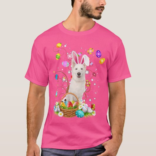 白ドイツ羊飼いドッグイースターエッグ狩りバスク Tシャツ (正面)