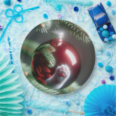 白ネコの足赤いオーナメント ペーパープレート (パーティー)