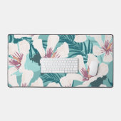 白ハイビスカスフラワートロピカルグリーン デスクマット (キーボード&マウス)