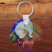 白ハワイアン蘭の水絵画色 キーホルダー (正面)