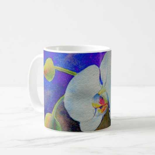 白ハワイアン蘭の水絵画色 コーヒーマグカップ (正面左)