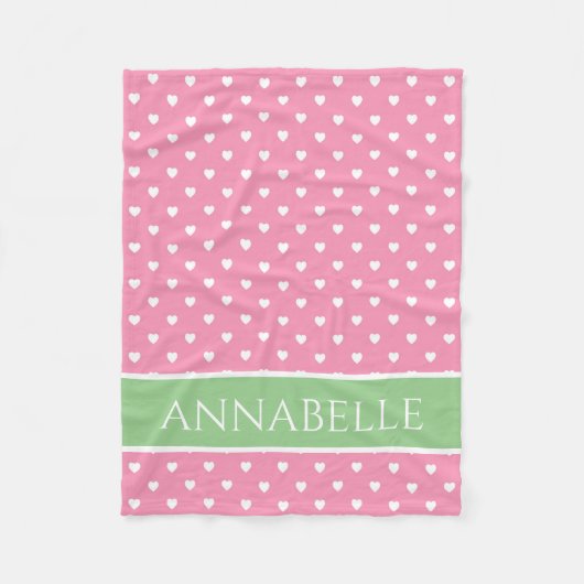 白ハートオンピンク緑パーソナライズされた フリースブランケット (正面)