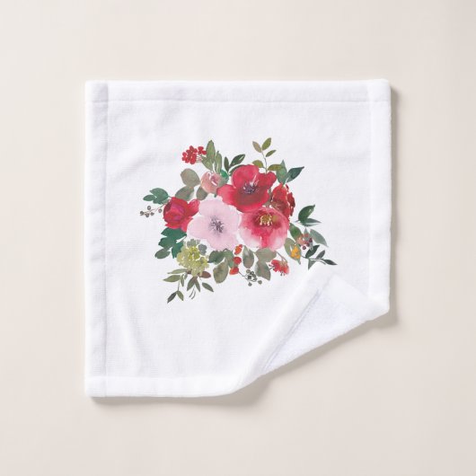 白バスタオルの水色ピンクと赤のバラ バスタオルセット (ウォッシュタオル)