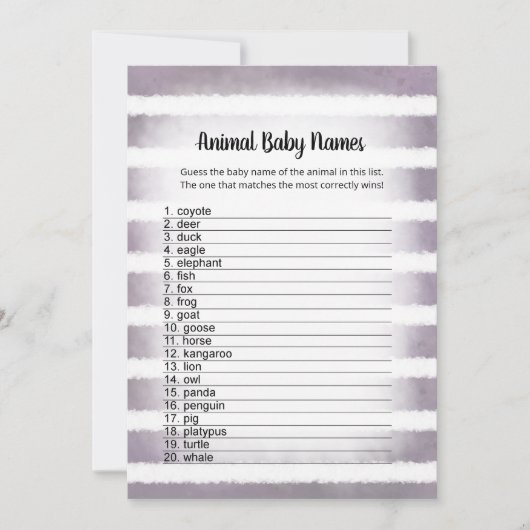 白バニー紫色の動物の赤ん坊の名前ゲームカード 招待状 (正面)