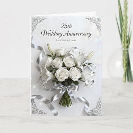 白バラとシルバーリボンの結婚25周年記念 カード