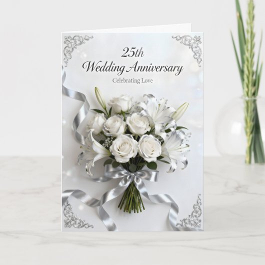 白バラとシルバーリボンの結婚25周年記念 カード (正面)