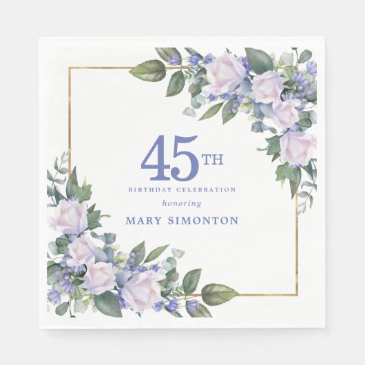白バラと青い花の45歳の誕生日パーティー スタンダードランチョンナプキン (正面)