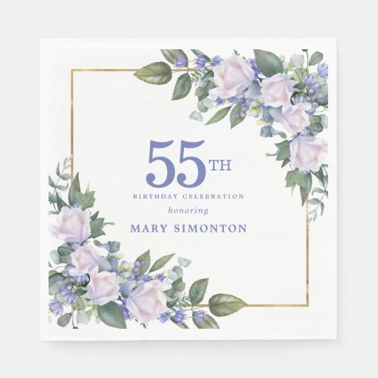 白バラと青い花の55歳の誕生日パーティー スタンダードランチョンナプキン (正面)