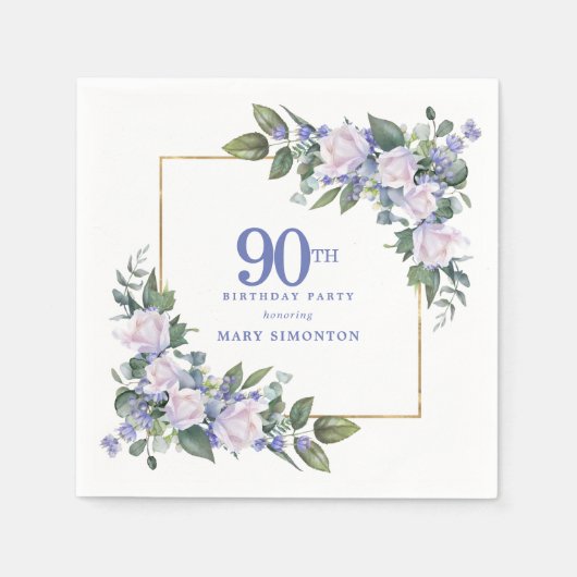 白バラと青い花の90歳の誕生日パーティー スタンダードカクテルナプキン (正面)