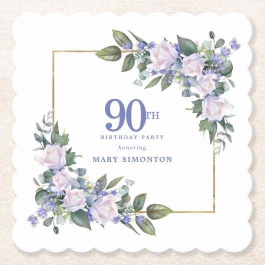 白バラと青い花の90歳の誕生日パーティー ペーパーコースター (正面)