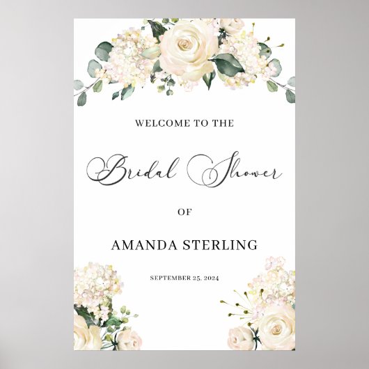 白バラのアジサイの緑の歓迎サイン ポスター (正面)