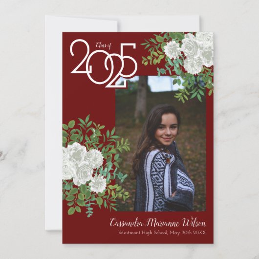 白バラのブルゴーニュ写真卒業発表 招待状 (正面)