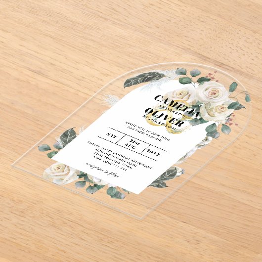 白バラの結婚式がボホ素朴を招くモダン アクリル招待状 (レイダウン)