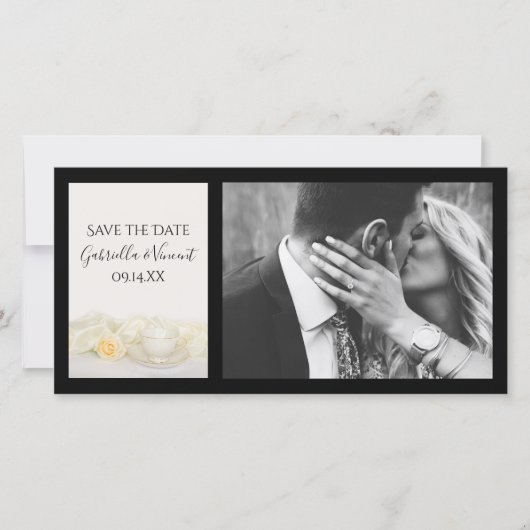 白バラの結婚式とティーカップ日付を保存 セーブザデート (正面)