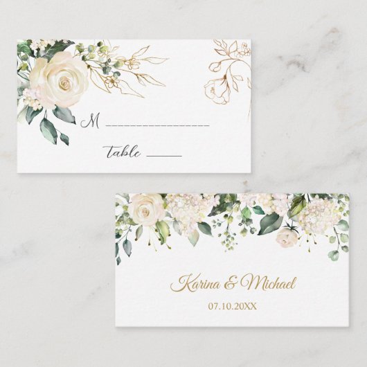 白バラの葉結婚の折り畳み座席表 プレイスカード (正面/裏面)