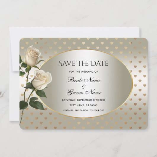 白バラの金ゴールドハートは日付カードを保存 セーブザデート (正面)