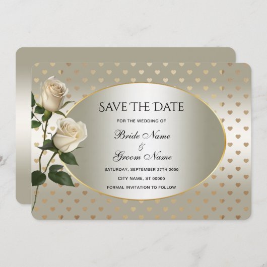 白バラの金ゴールドハートは日付カードを保存 セーブザデート (正面/裏面)