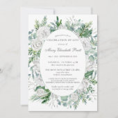 白バラ冬の緑の植物葬儀 招待状 (正面)