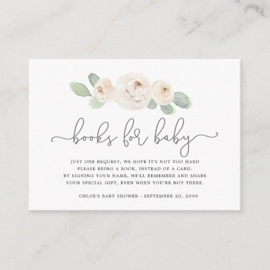 白バラ植物書要請赤ちゃんシャワー エンクロージャーカード (正面)