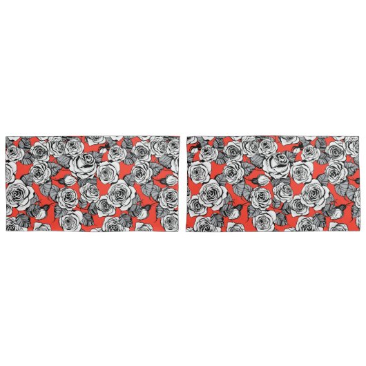 白バラ模様 枕カバー (正面-セット)