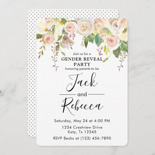 白バラ緑のジェンダーが赤ちゃんシャワーを明らかにする 招待状 (正面/裏面)