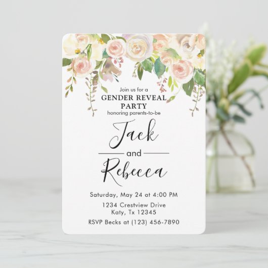 白バラ緑のジェンダーが赤ちゃんシャワーを明らかにする 招待状 (スタンド正面)