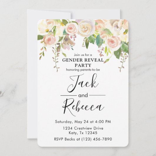 白バラ緑のジェンダーが赤ちゃんシャワーを明らかにする 招待状 (正面)