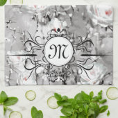 白バラ花冬フローラ灰色 キッチンタオル (折り畳み)