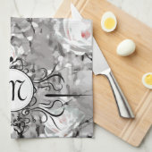 白バラ花冬フローラ灰色 キッチンタオル (四つ折り)