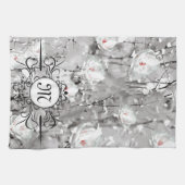 白バラ花冬フローラ灰色 キッチンタオル (横)