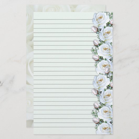 白バラ花束縁ど3文房具が並ぶ 便箋 (正面/裏面)