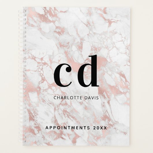 白バラ金ゴールド大理石モノグラムイニシャル プランナー手帳 (正面)