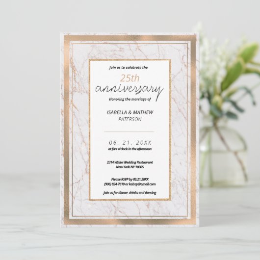 白バラ金ゴールド大理石結婚25周年記念 招待状 (スタンド正面)