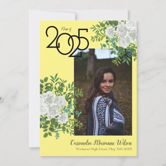 白バラ黄色の写真卒業発表 招待状 (正面)