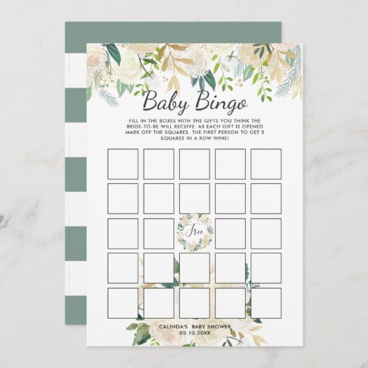 白バラ | 赤ちゃんシャワービンゴゲーム 招待状 (正面/裏面)