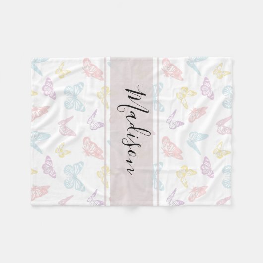 白パステルエレガントバタフライパターンの子供の名前 フリースブランケット (正面(横))